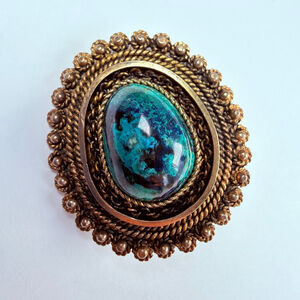 Israel Eilat Green King Solomon Stone Gold Vermeil, Sterling Silv Pendant Brooch